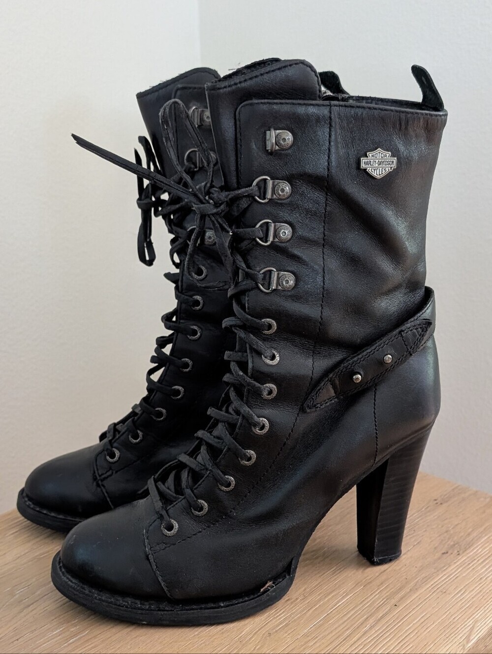 Vintage Harley Davidson Leather Tie-Front Lace Platform Heel Boot In Black - 8.5